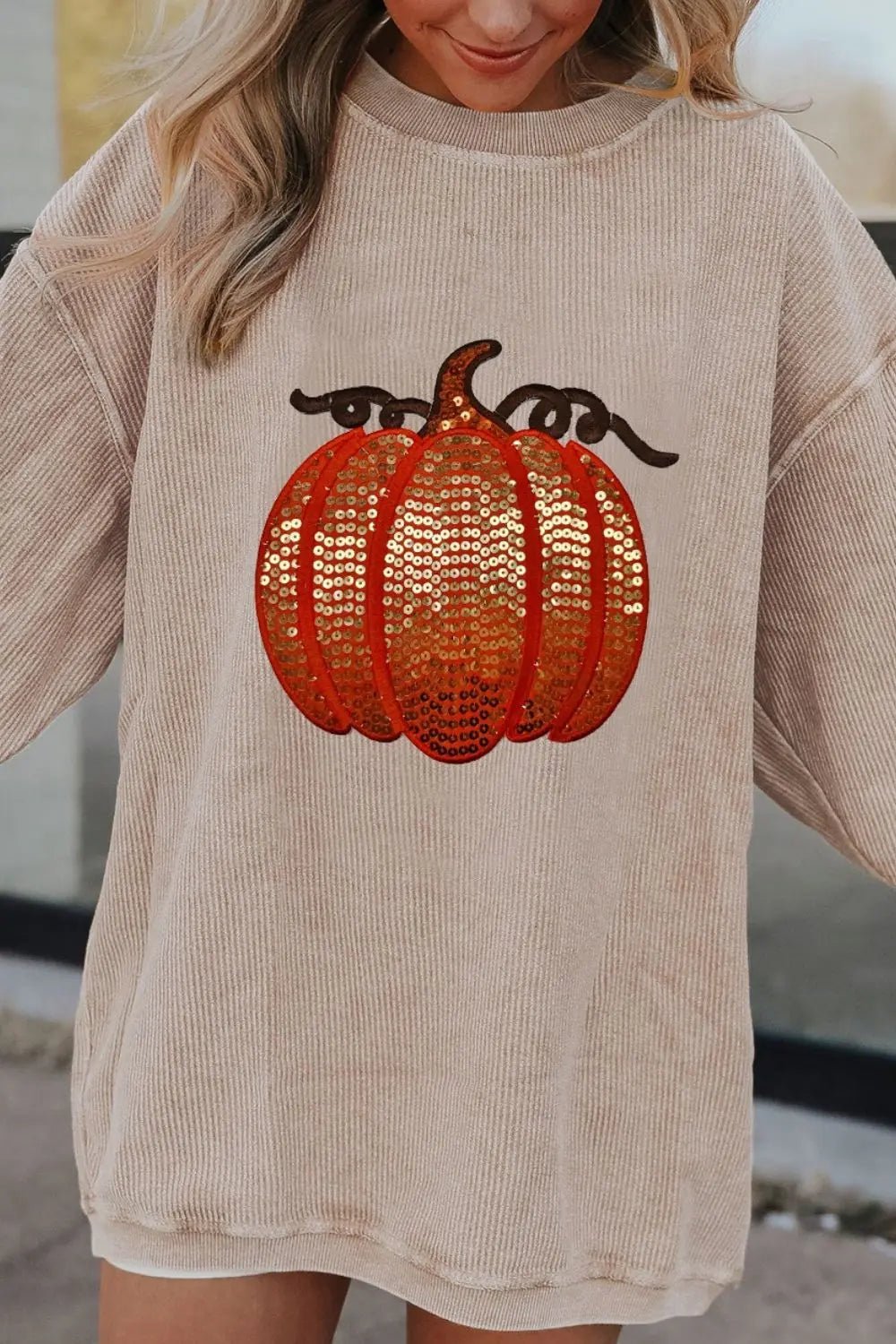 Sequin Pumpkin Round Neck Long Sleeve Sweatshirt - Celeste