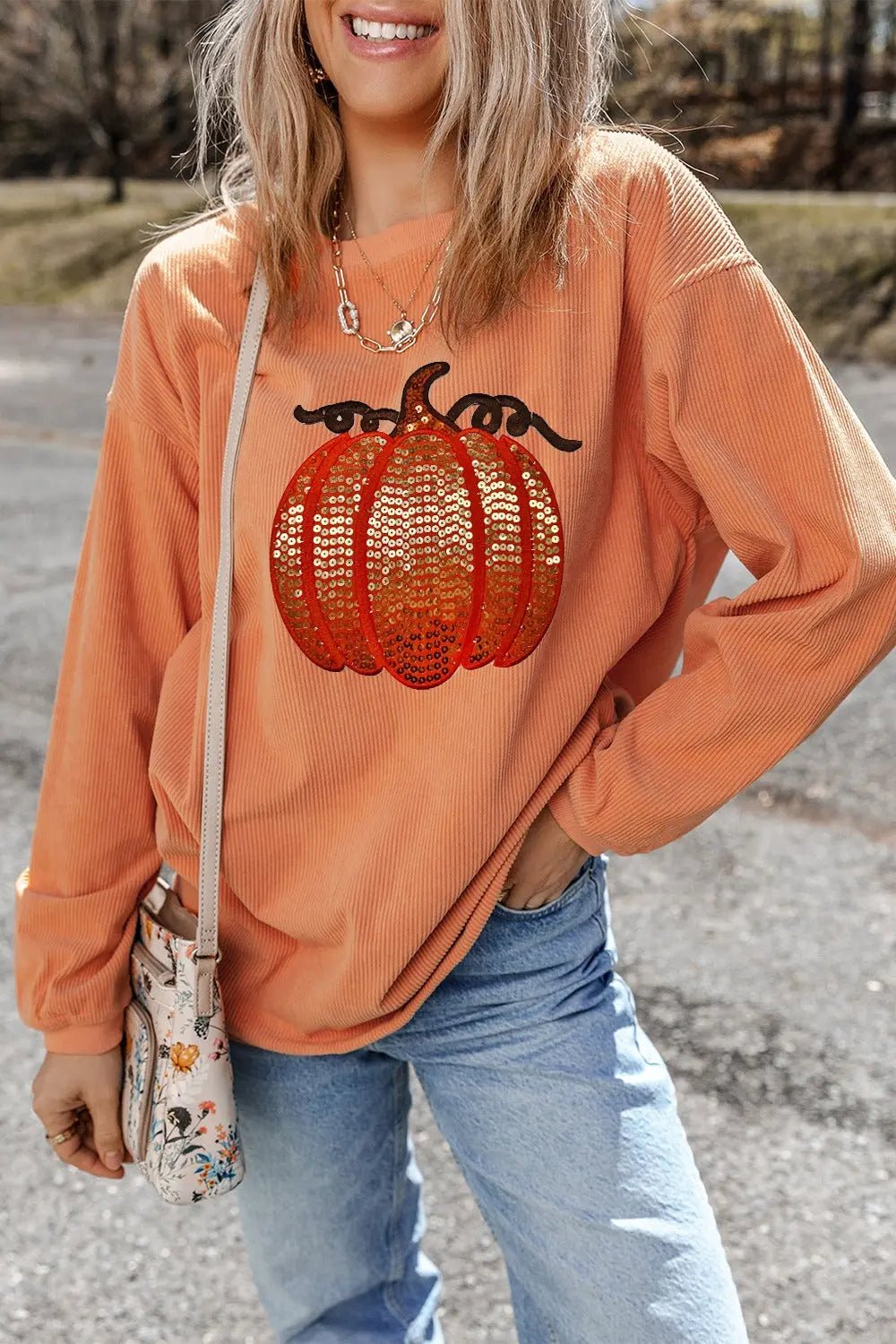 Sequin Pumpkin Round Neck Long Sleeve Sweatshirt - Celeste