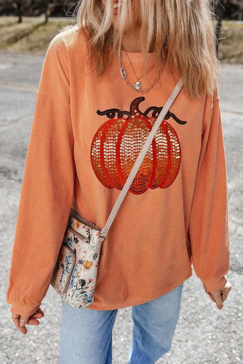 Sequin Pumpkin Round Neck Long Sleeve Sweatshirt - Celeste