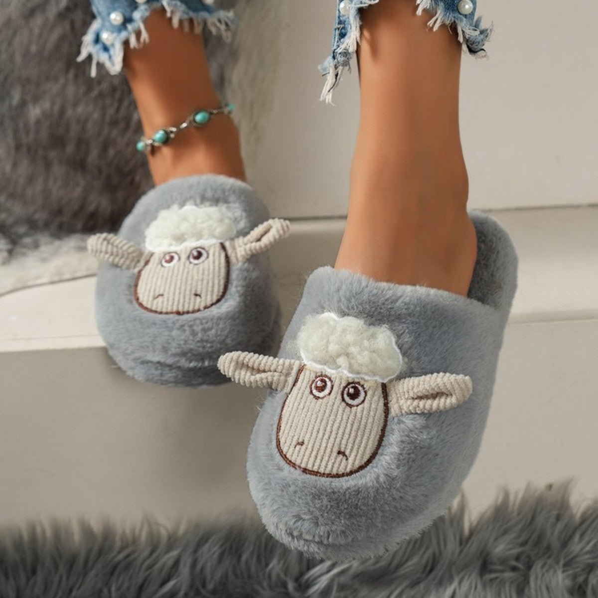 Sheep Round Toe Slippers - Celeste