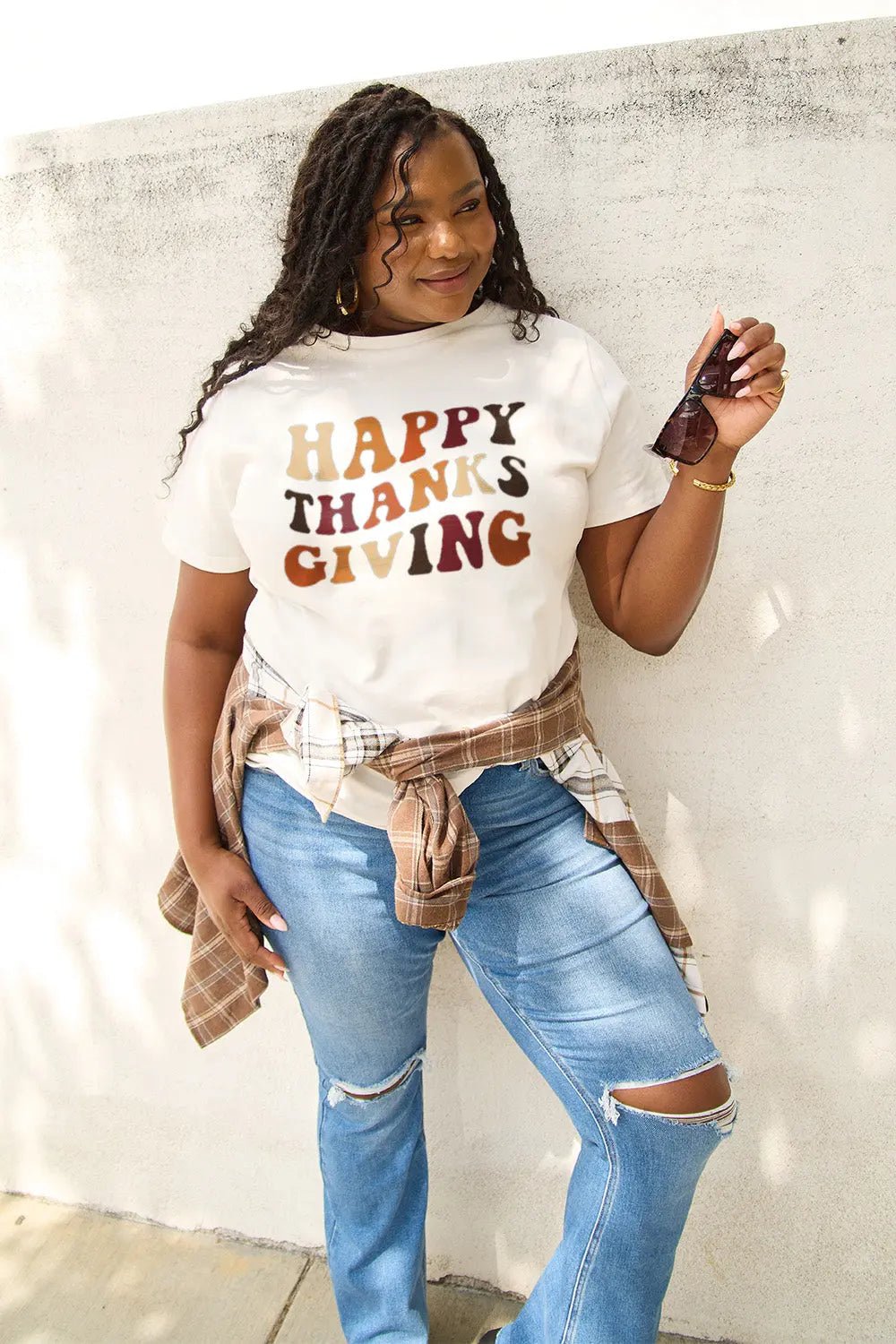 Simply Love Full Size HAPPY THANKS GIVING Short Sleeve T - Shirt - Celeste