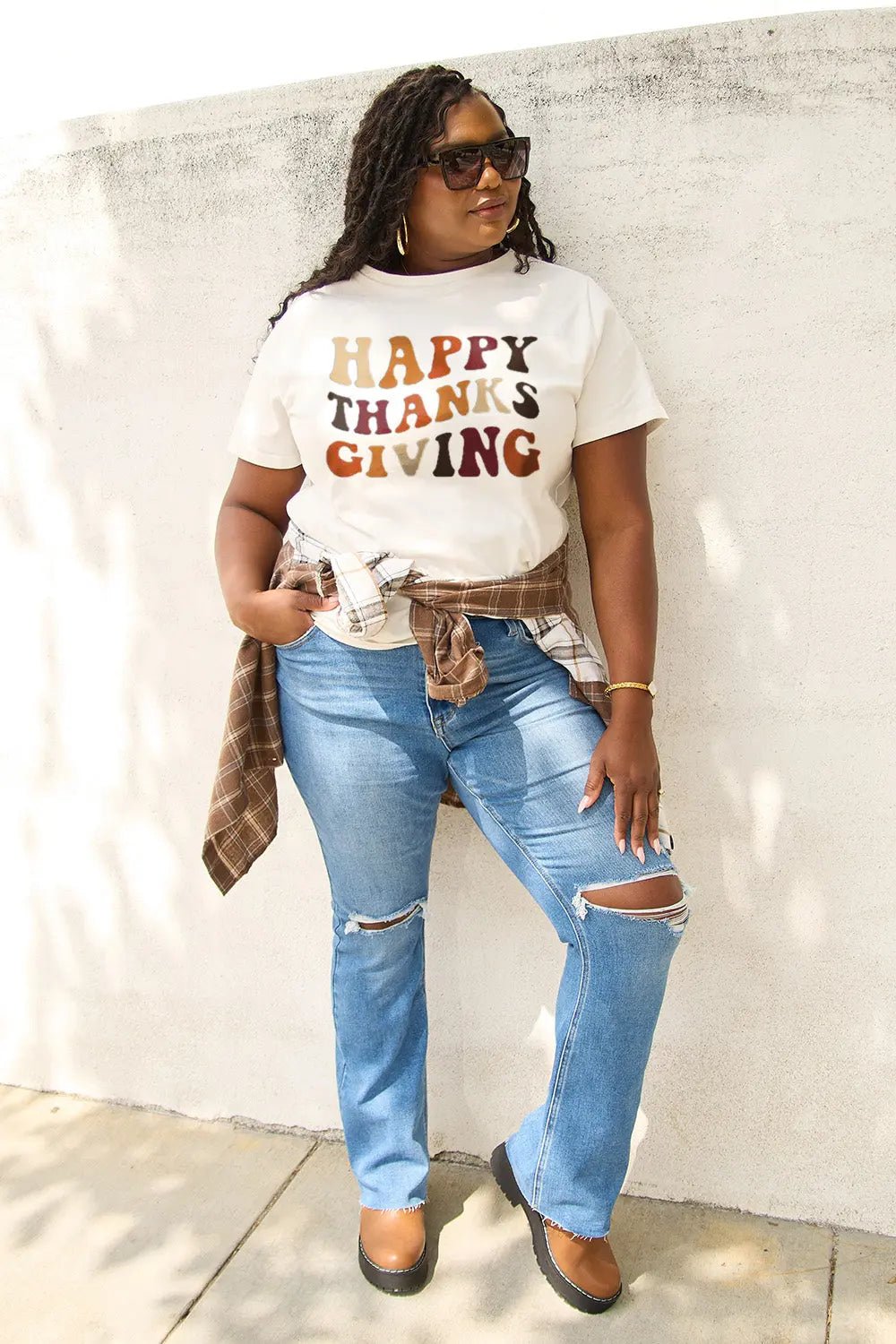 Simply Love Full Size HAPPY THANKS GIVING Short Sleeve T - Shirt - Celeste