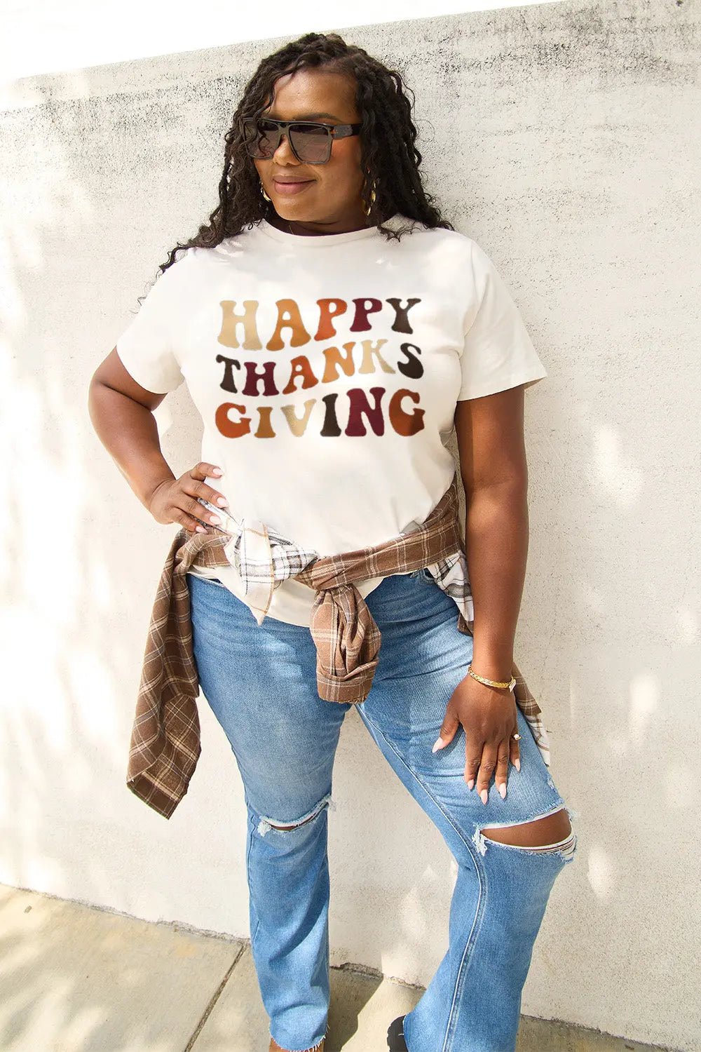 Simply Love Full Size HAPPY THANKS GIVING Short Sleeve T - Shirt - Celeste