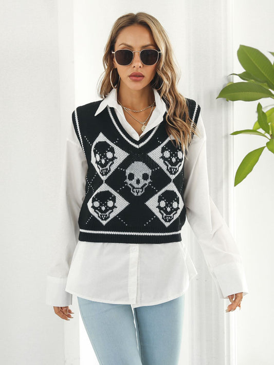 Skull Contrast V - Neck Sweater Vest - Celeste