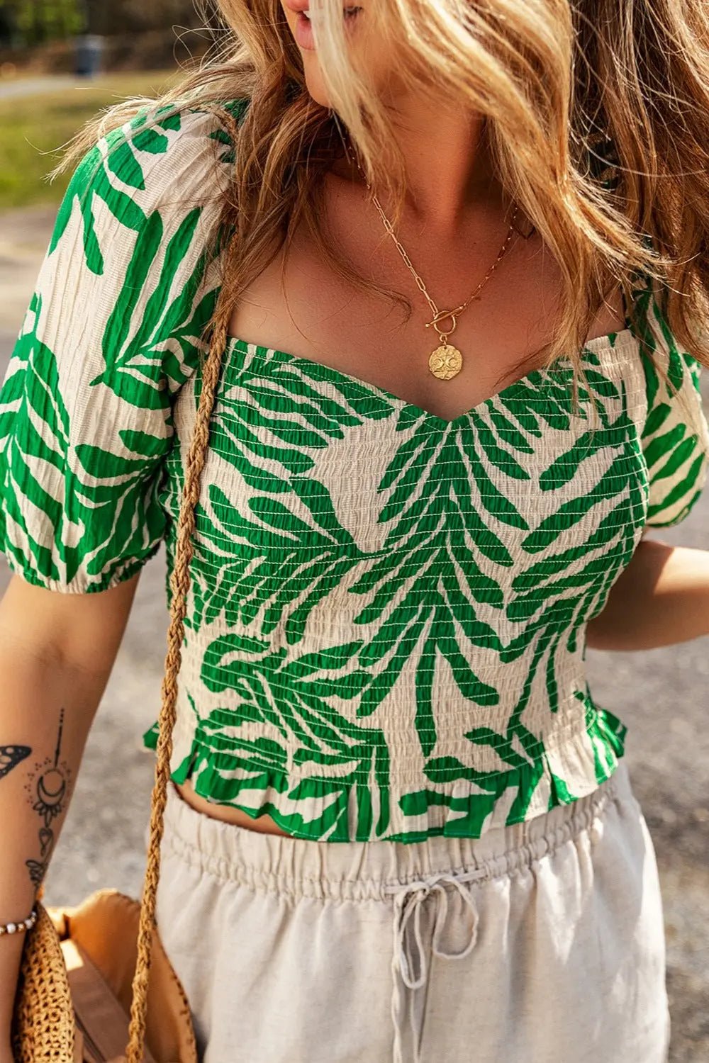 Smocked Printed Short Sleeve Blouse - Celeste