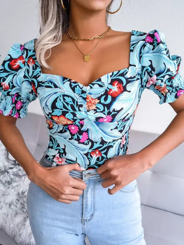 Square Neck Floral Chiffon Top - Celeste