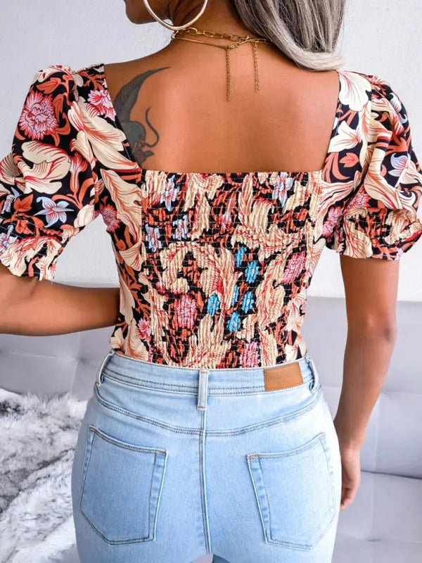 Square Neck Floral Chiffon Top - Celeste