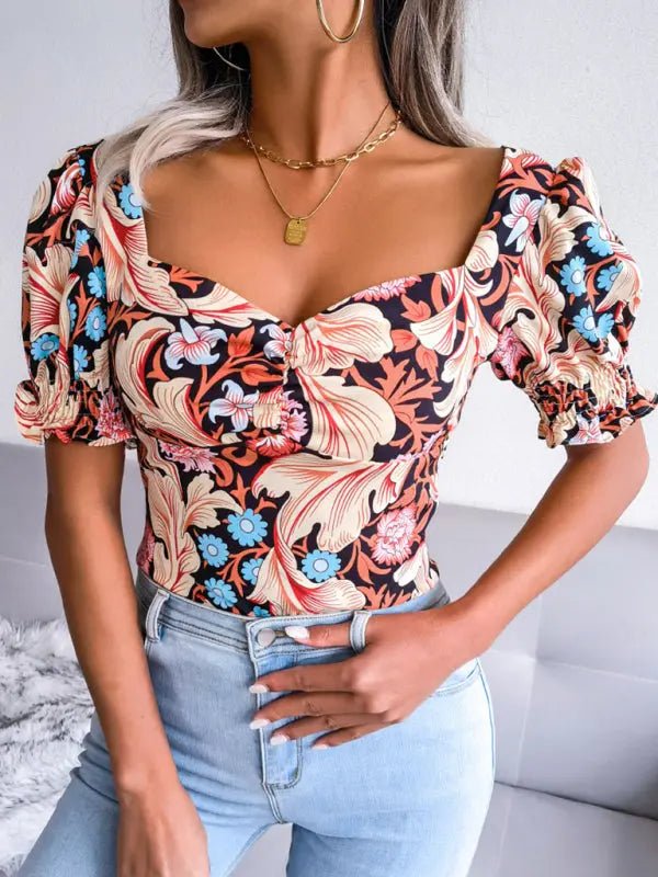 Square Neck Floral Chiffon Top - Celeste