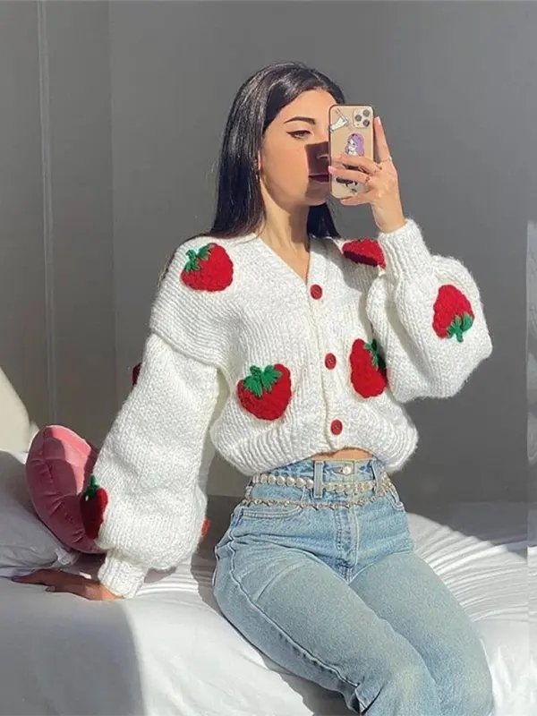 Strawberry Cable Knit Cardigan - Celeste