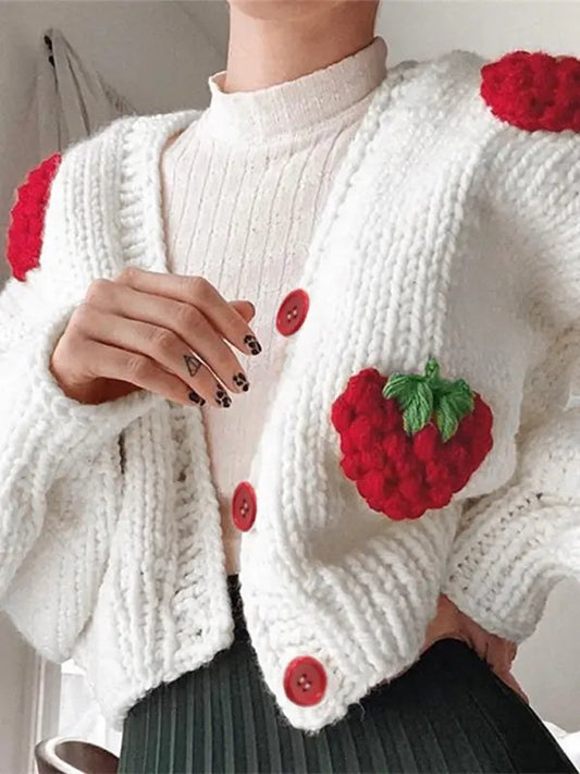 Strawberry Cable Knit Cardigan - Celeste