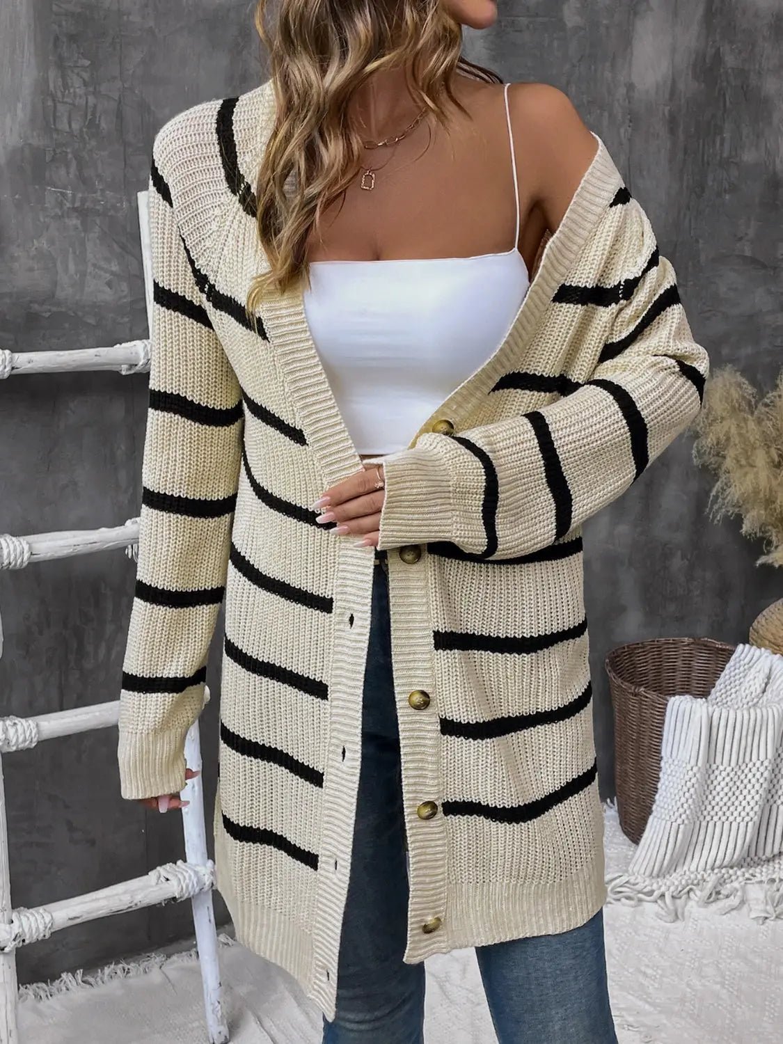 Striped Button Up Long Sleeve Cardigan - Celeste