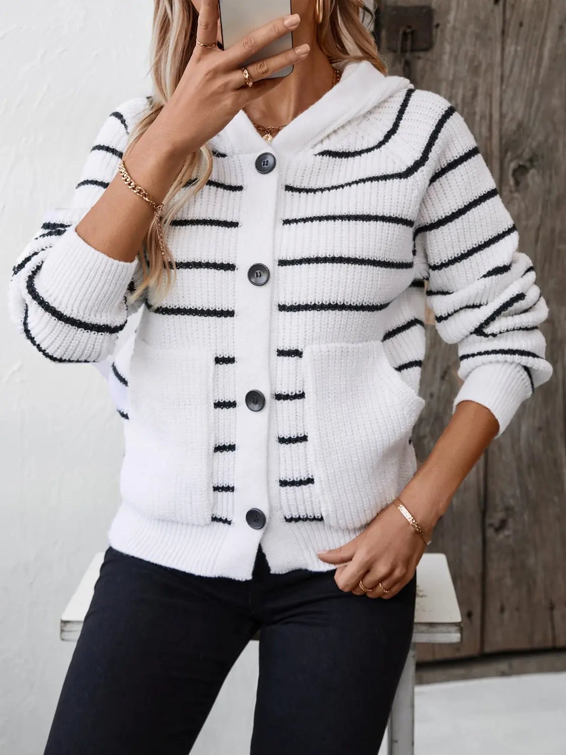 Striped Button Up Long Sleeve Hooded Cardigan - Celeste    