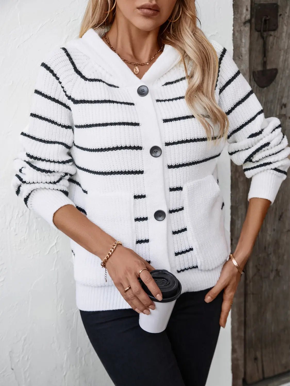 Striped Button Up Long Sleeve Hooded Cardigan - Celeste    