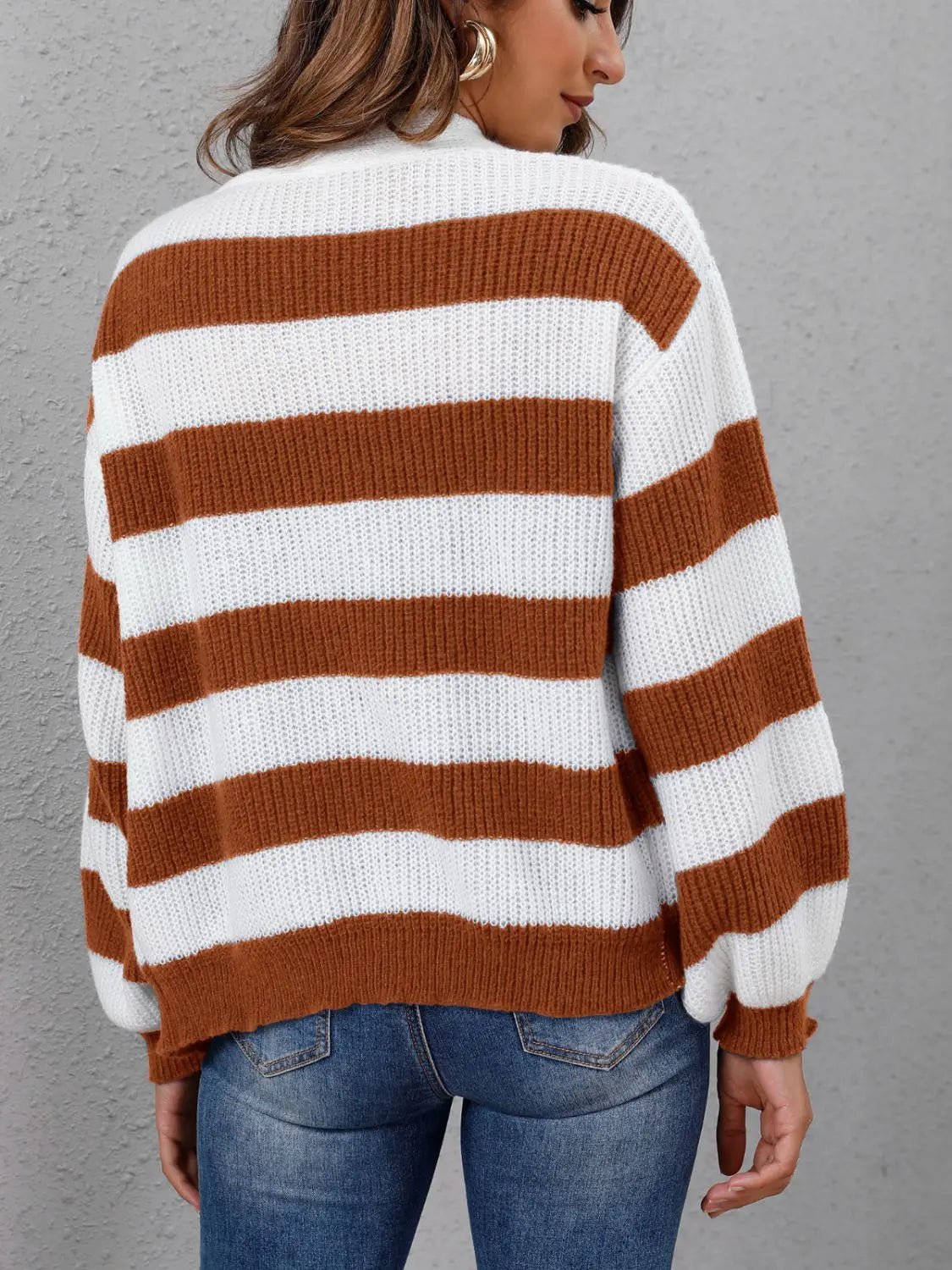 Striped Button Up Long Sleeve Sweater - Celeste    