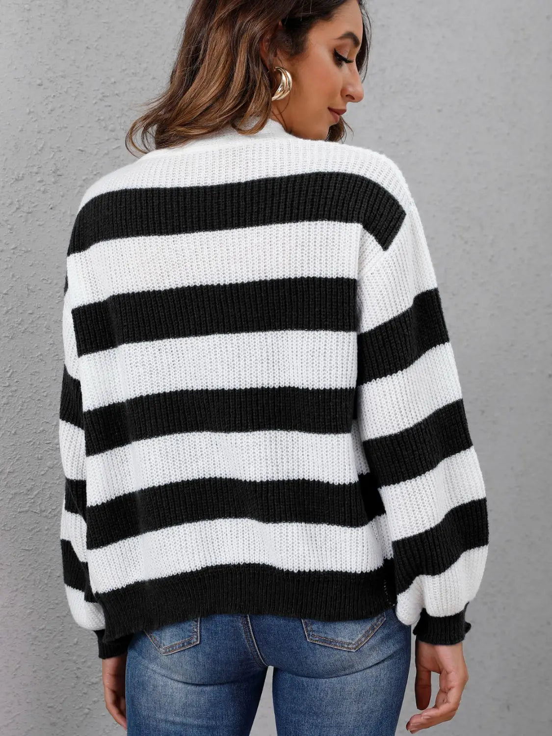 Striped Button Up Long Sleeve Sweater - Celeste    