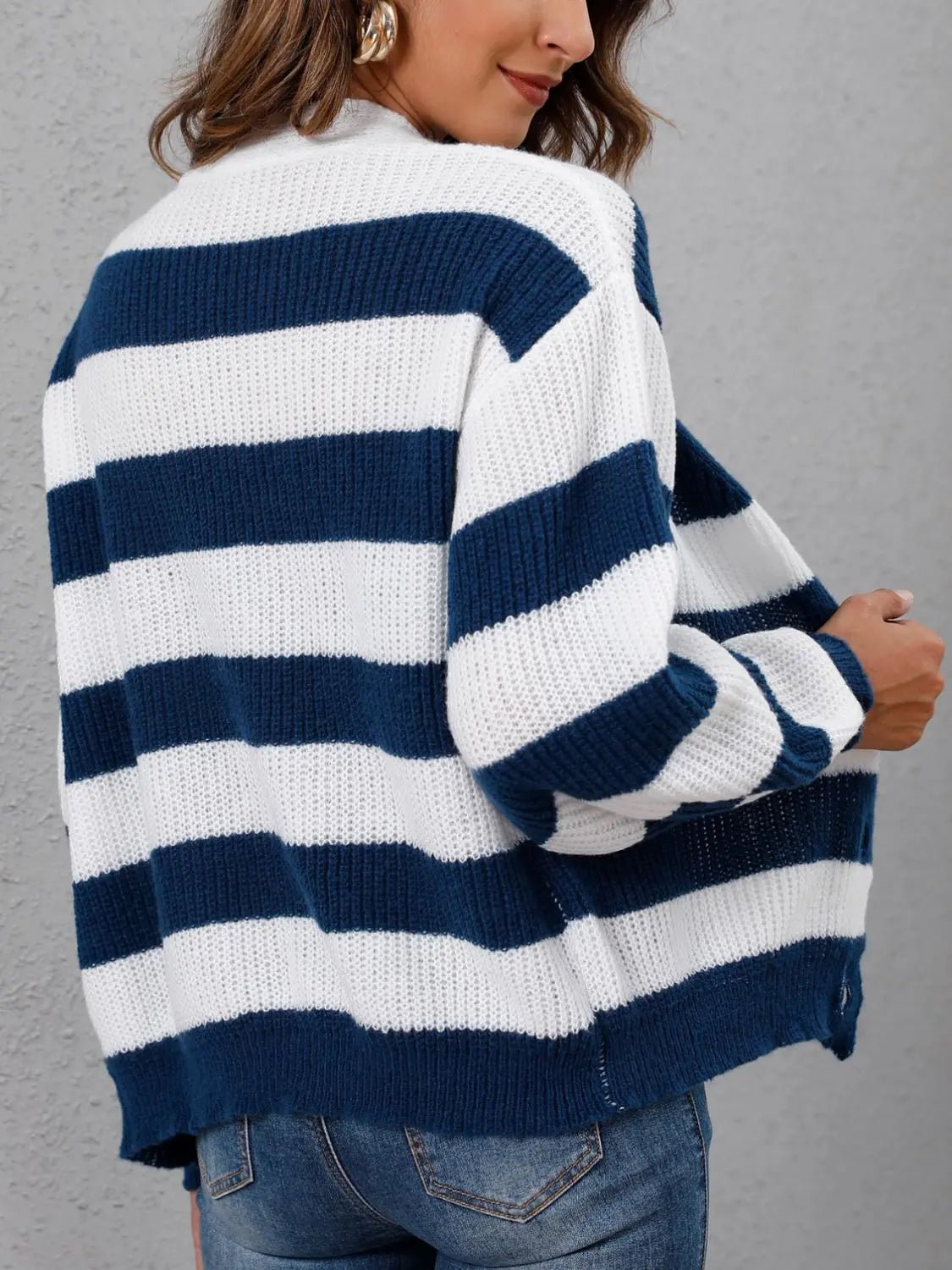 Striped Button Up Long Sleeve Sweater - Celeste    