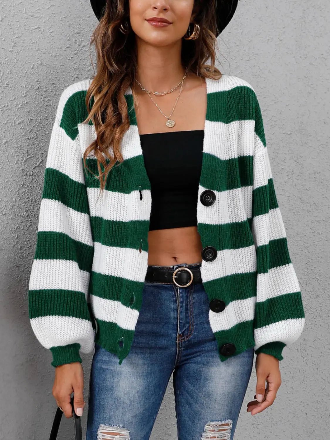 Striped Button Up Long Sleeve Sweater - Celeste    