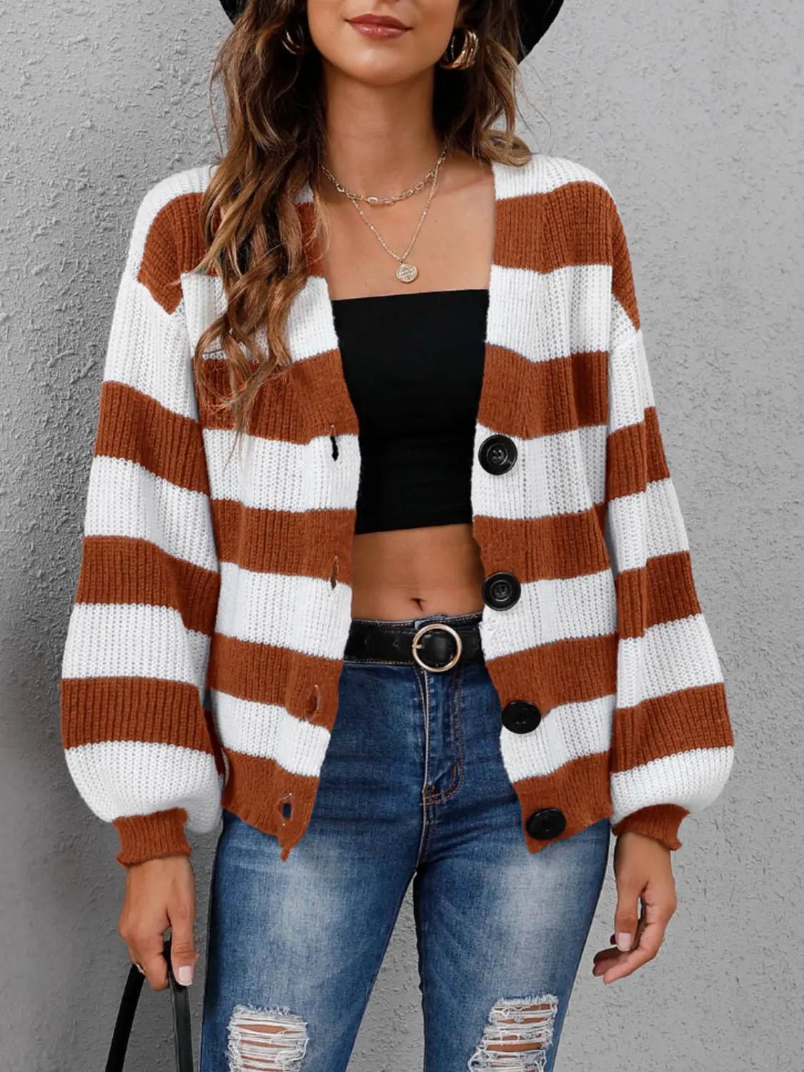 Striped Button Up Long Sleeve Sweater - Celeste    