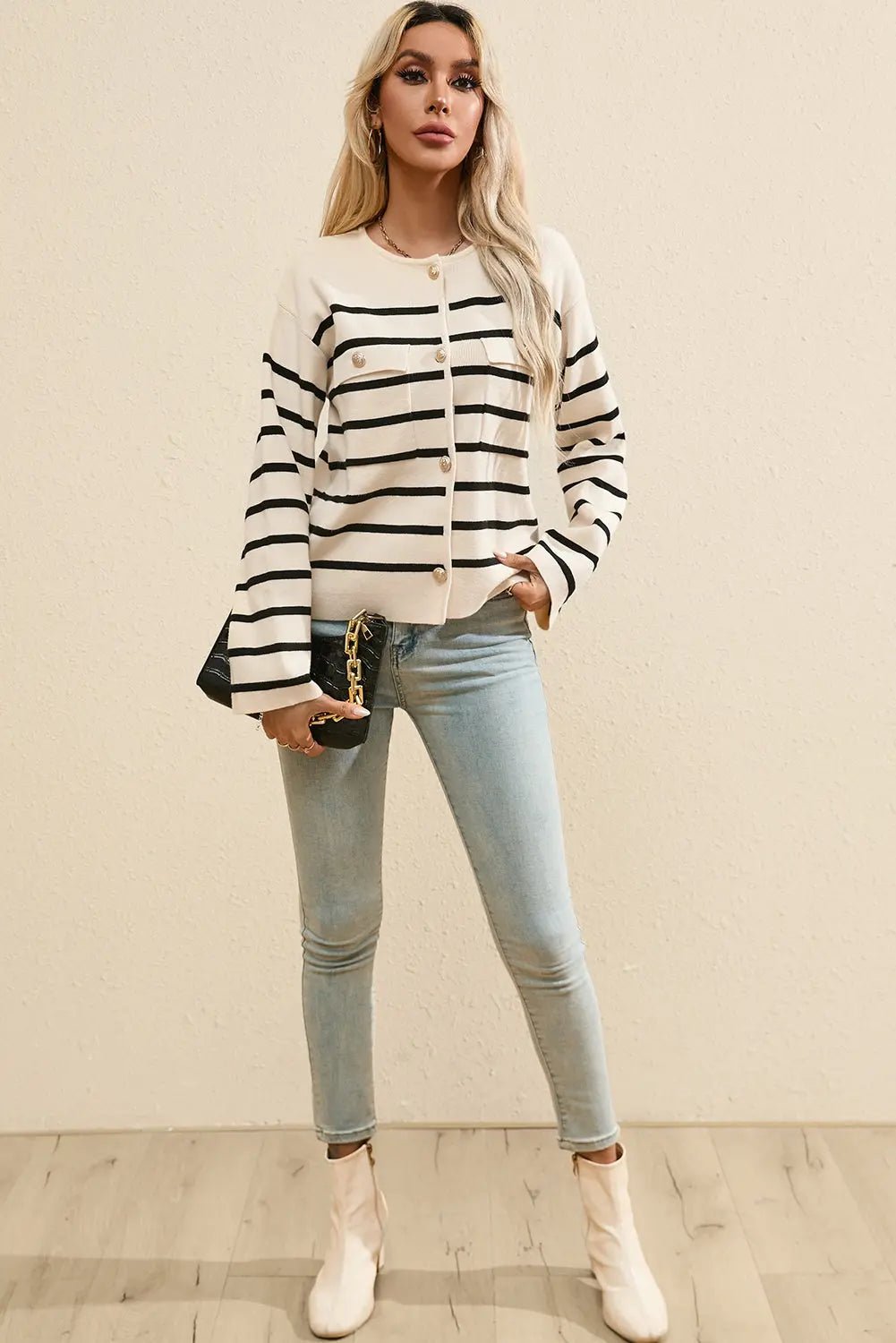 Striped Button Up Round Neck Cardigan - Celeste