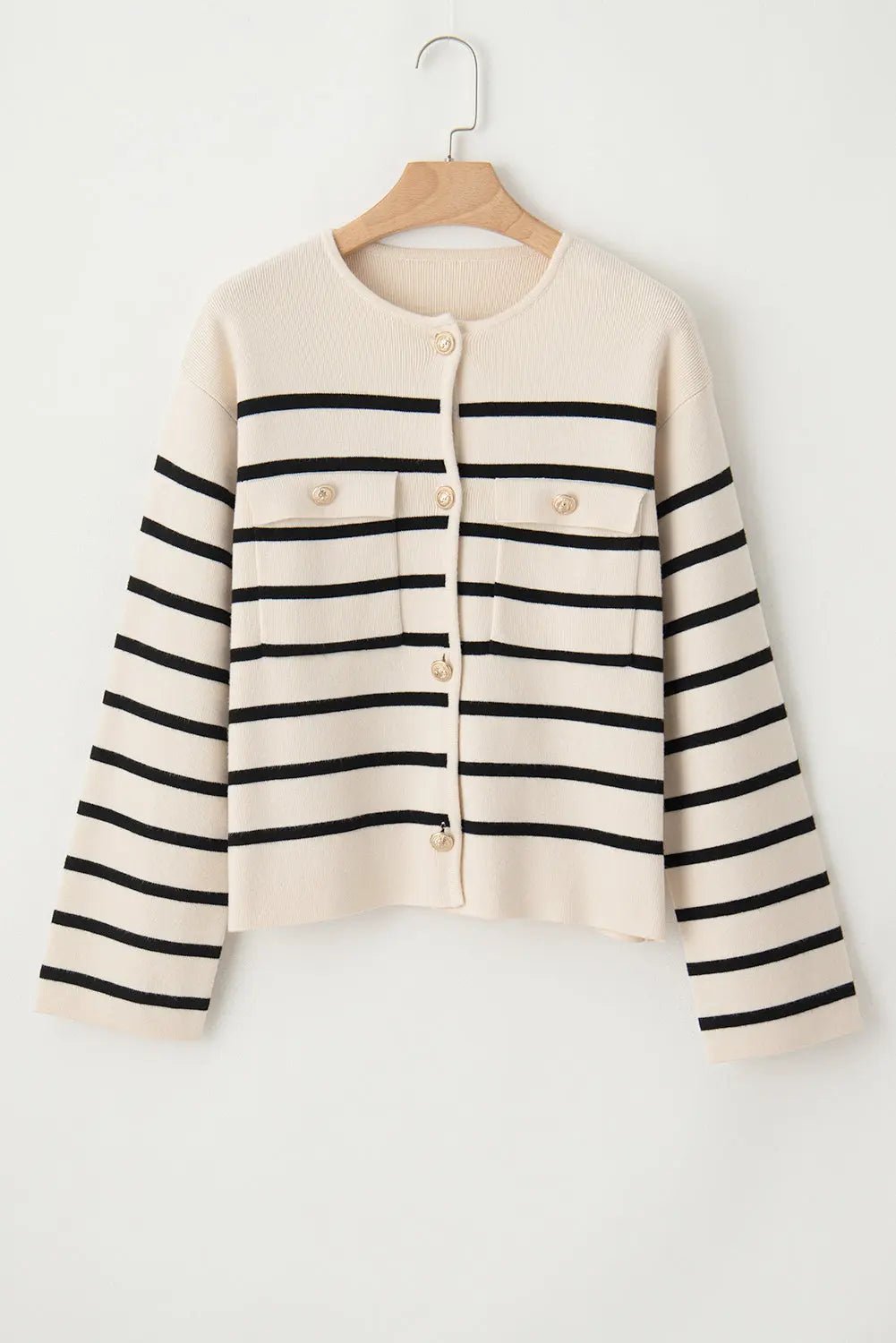 Striped Button Up Round Neck Cardigan - Celeste