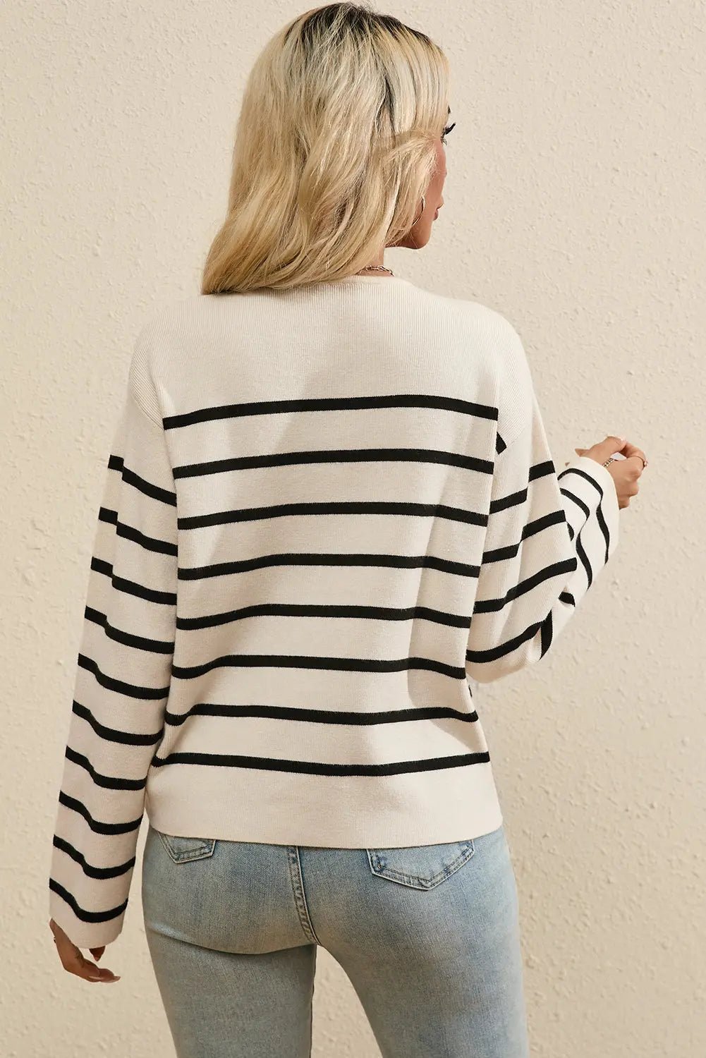 Striped Button Up Round Neck Cardigan - Celeste