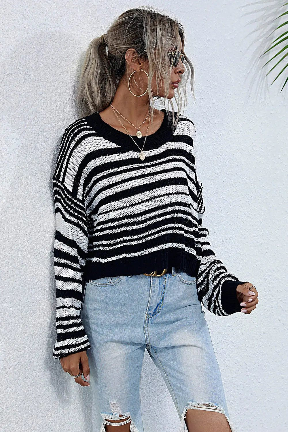 Striped Round Neck Dropped Shoulder Sweater - Celeste    