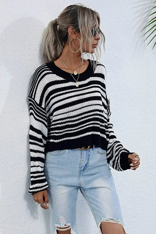 Striped Round Neck Dropped Shoulder Sweater - Celeste