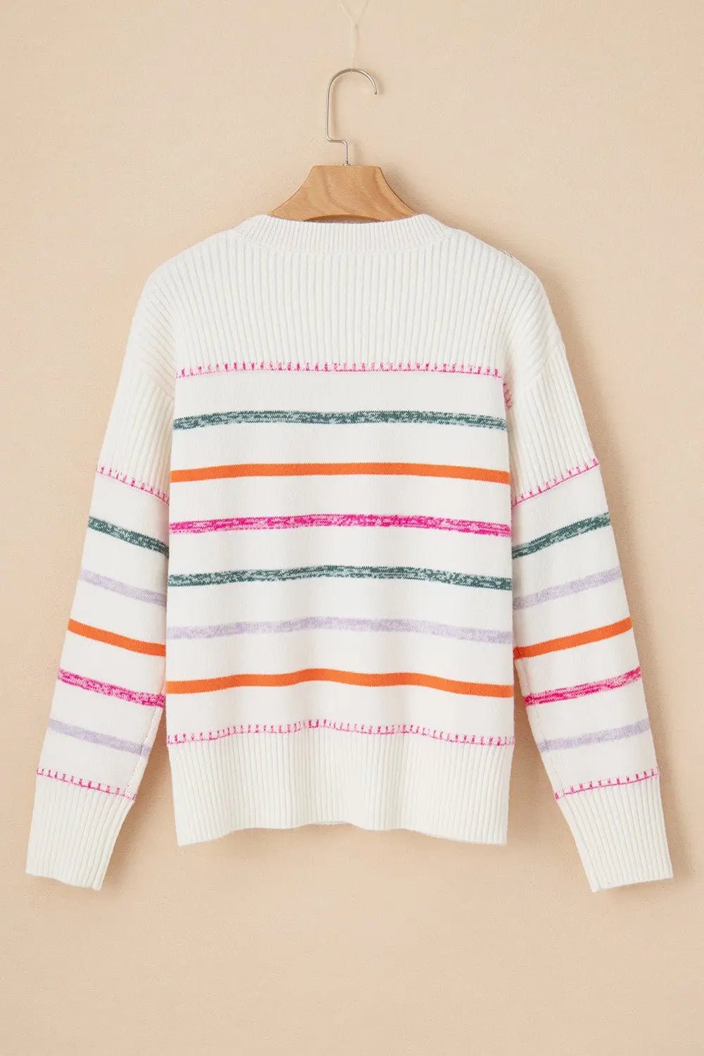 Striped Round Neck Dropped Shoulder Sweater - Celeste