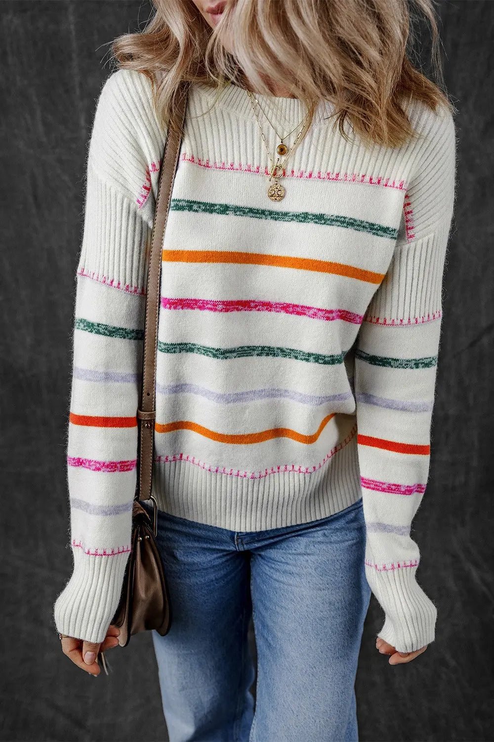 Striped Round Neck Dropped Shoulder Sweater - Celeste