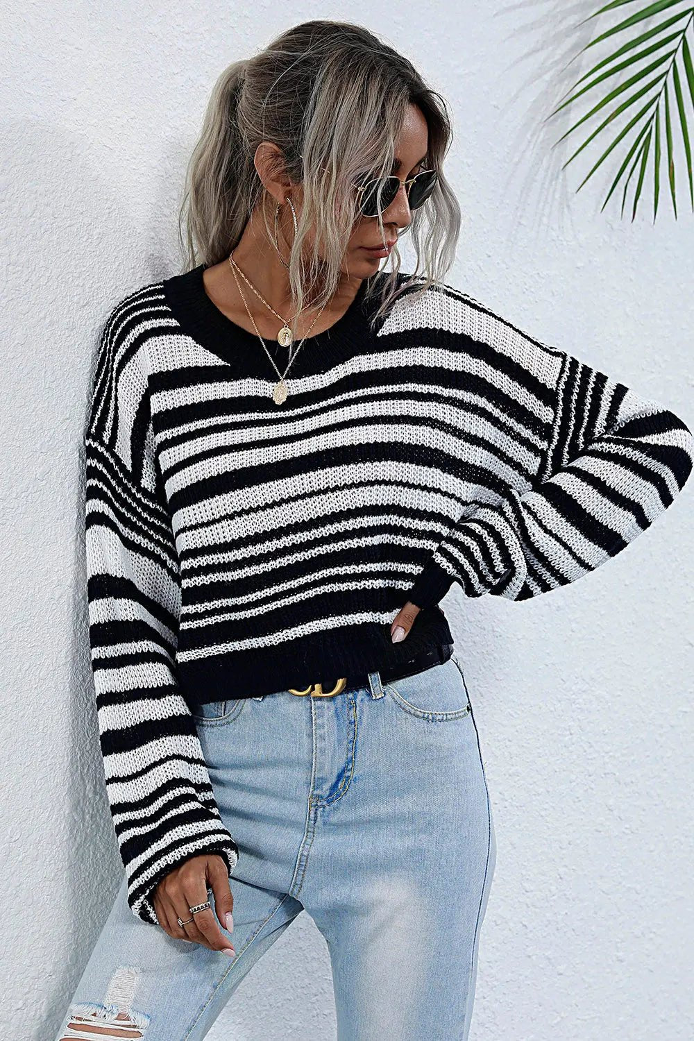 Striped Round Neck Dropped Shoulder Sweater - Celeste    