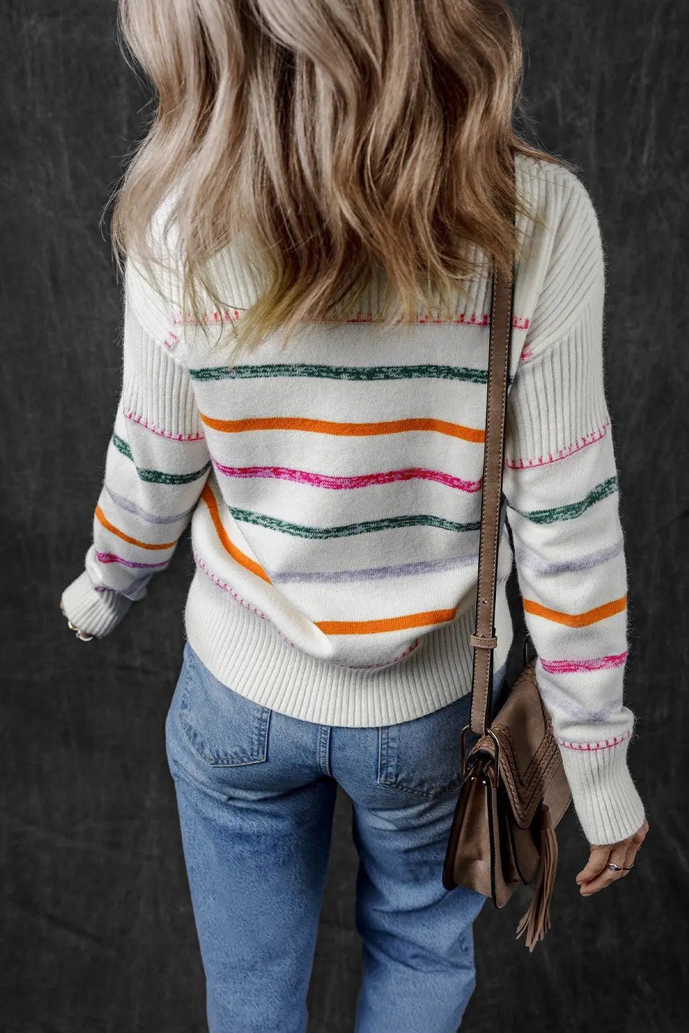 Striped Round Neck Dropped Shoulder Sweater - Celeste