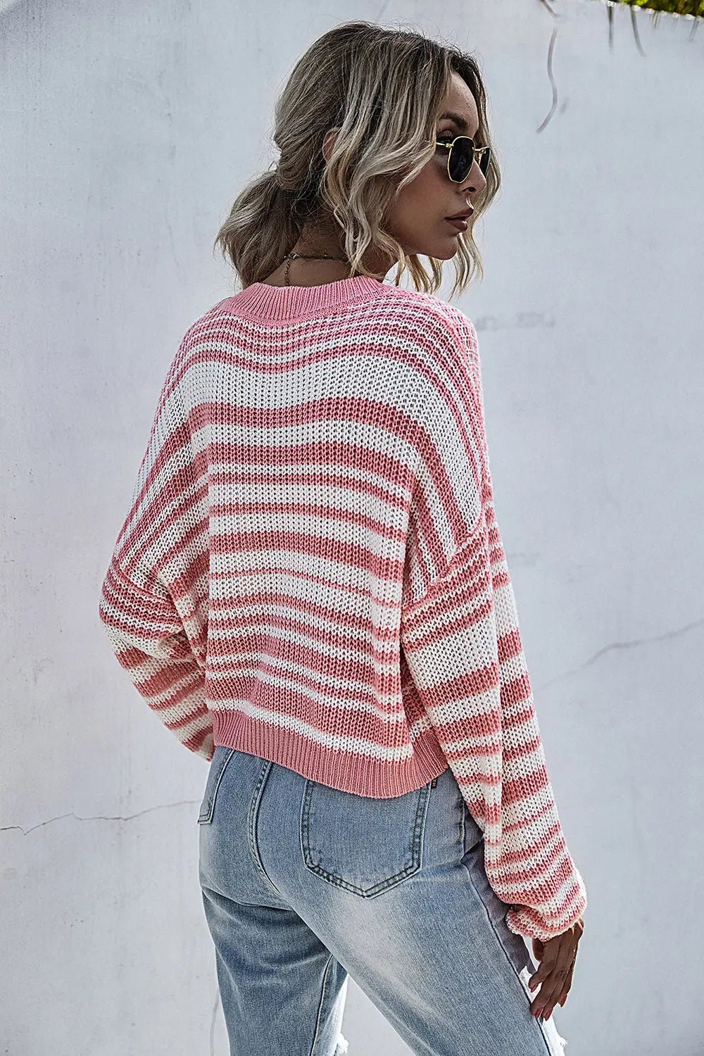 Striped Round Neck Dropped Shoulder Sweater - Celeste    