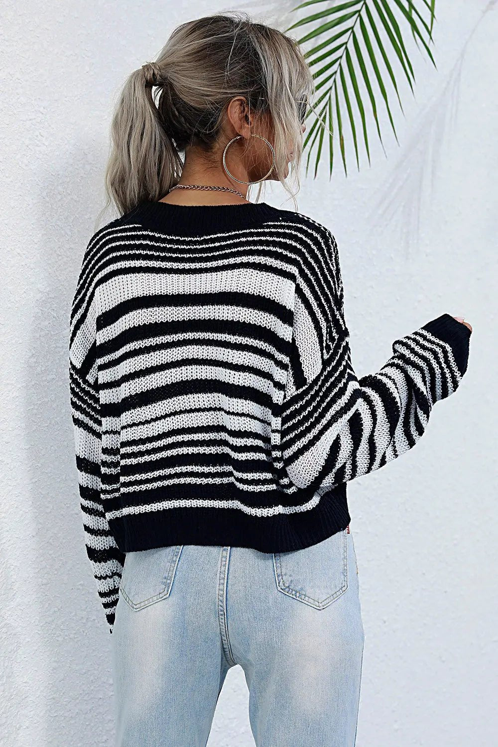 Striped Round Neck Dropped Shoulder Sweater - Celeste    