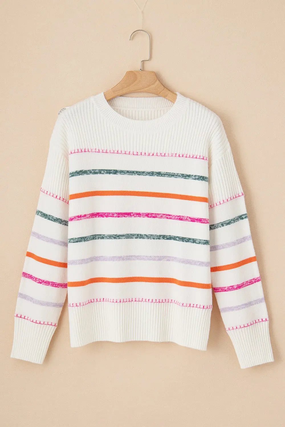 Striped Round Neck Dropped Shoulder Sweater - Celeste