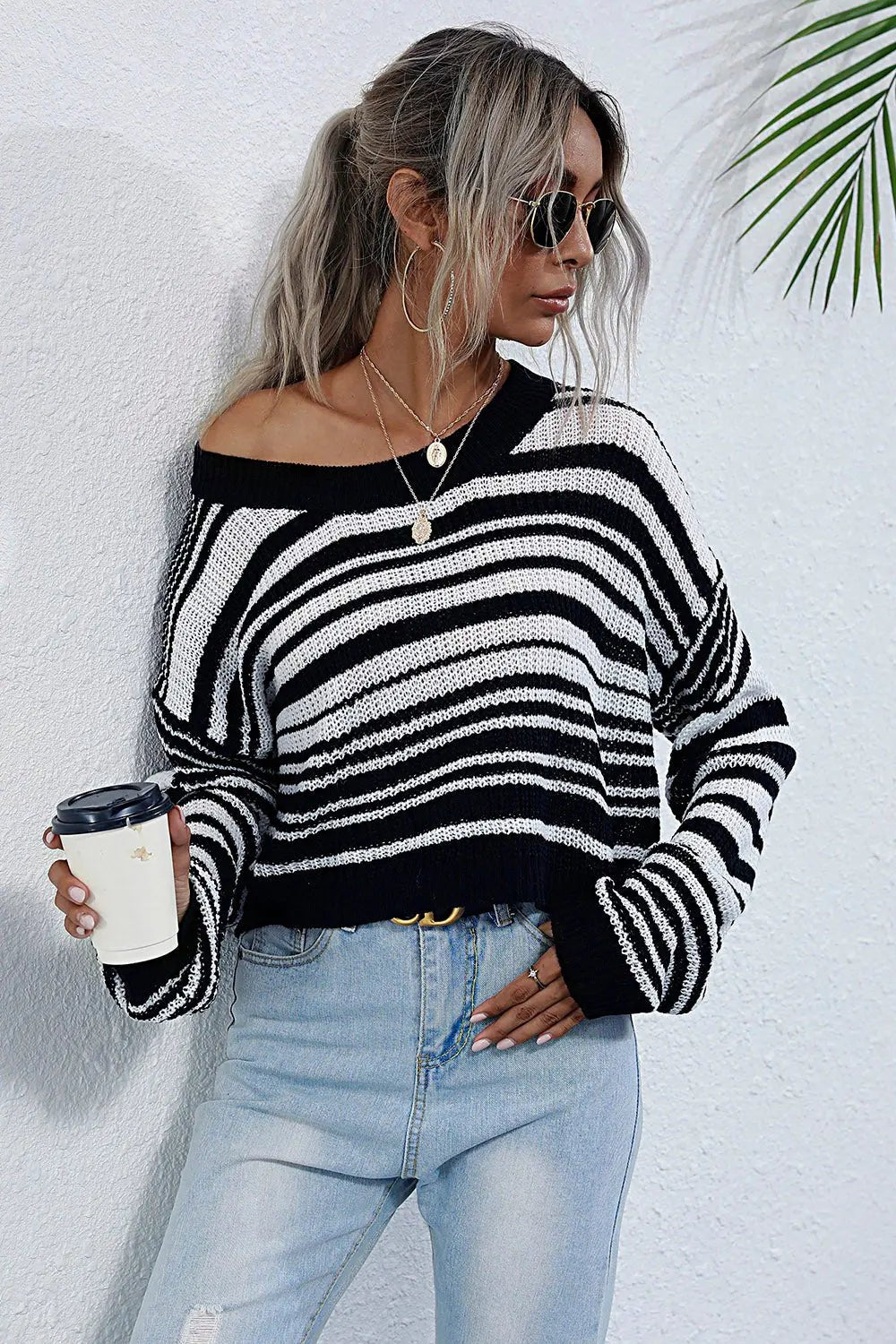 Striped Round Neck Dropped Shoulder Sweater - Celeste    