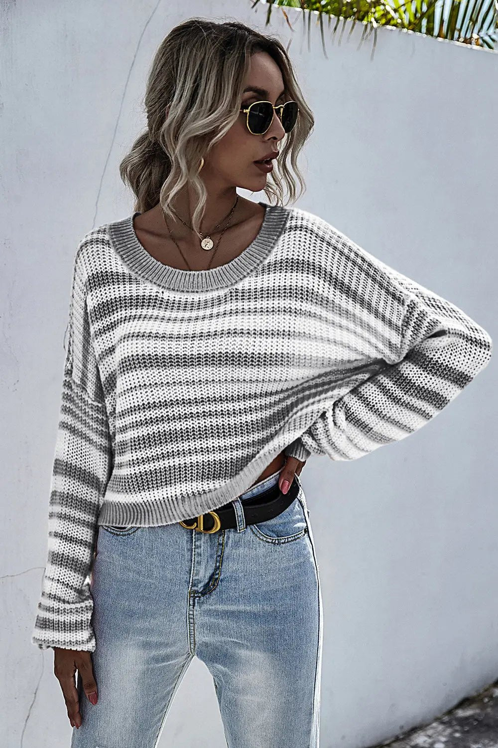 Striped Round Neck Dropped Shoulder Sweater - Celeste    