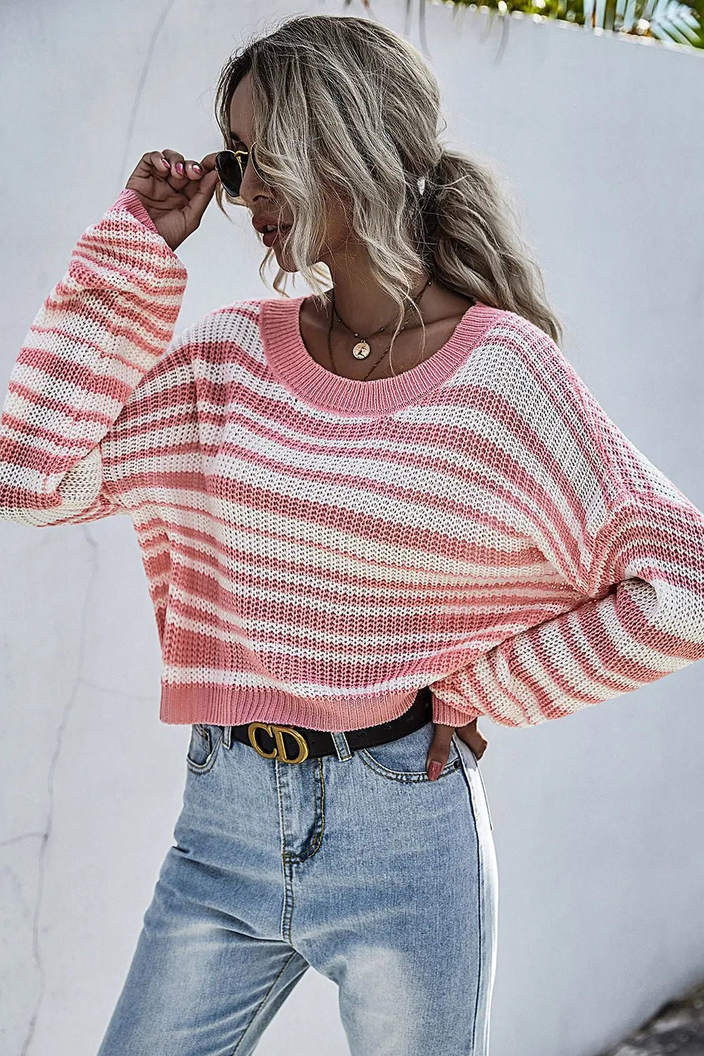 Striped Round Neck Dropped Shoulder Sweater - Celeste    