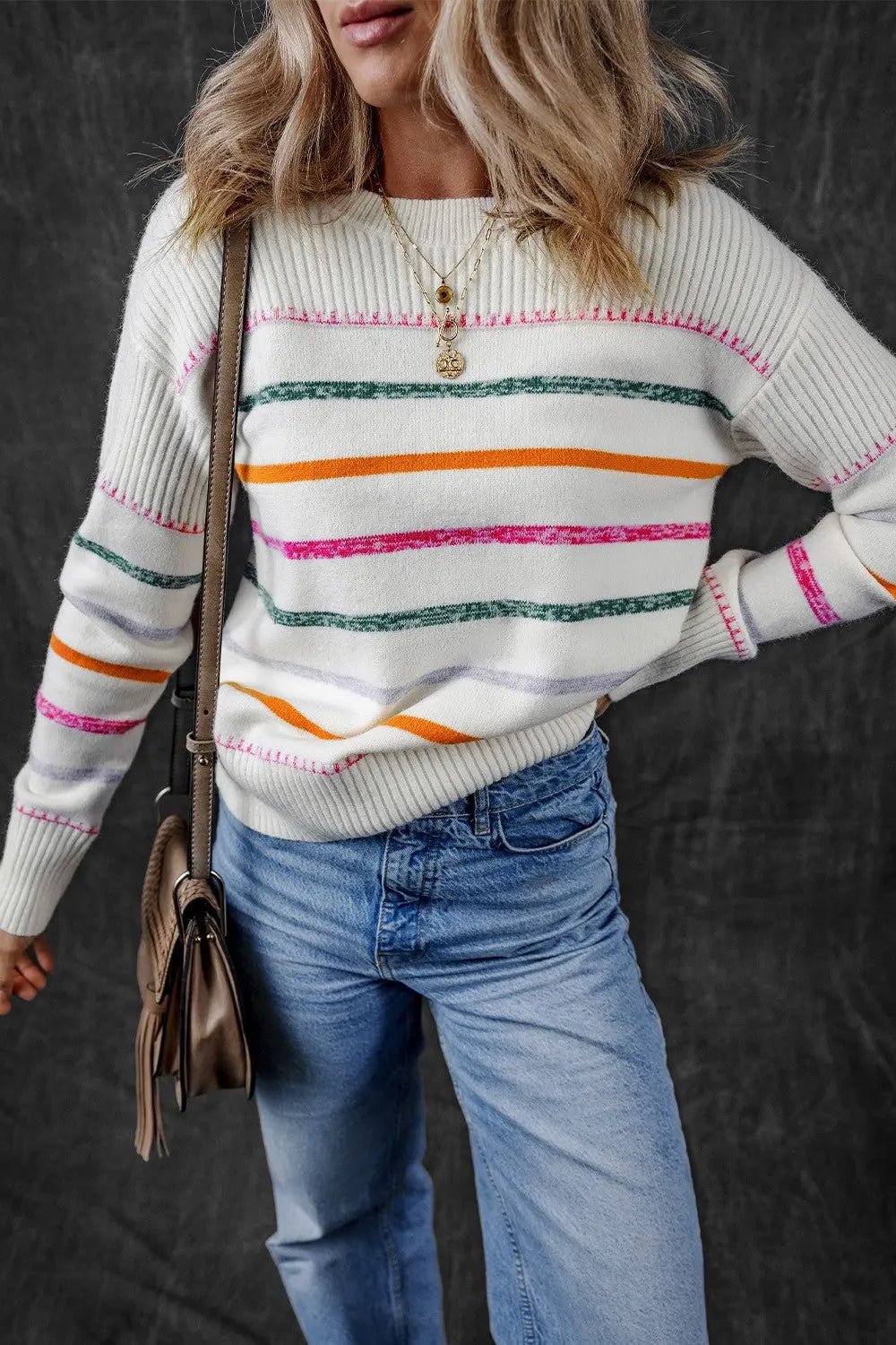 Striped Round Neck Dropped Shoulder Sweater - Celeste