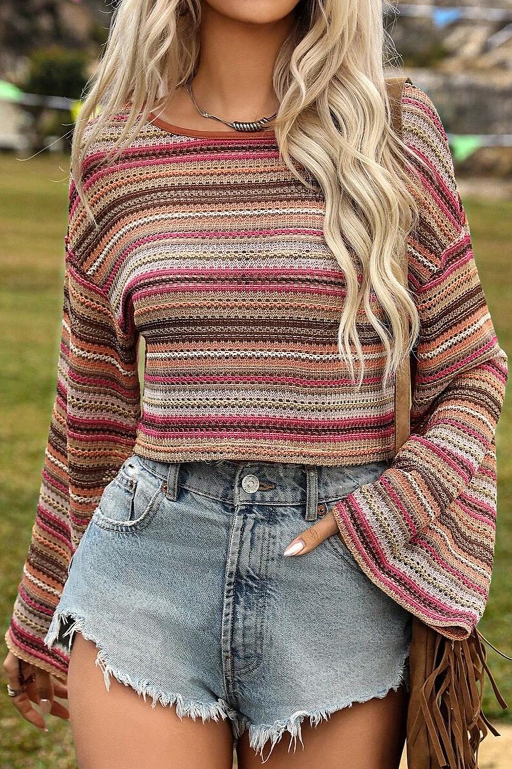 Striped Round Neck Long Sleeve Blouse - Celeste