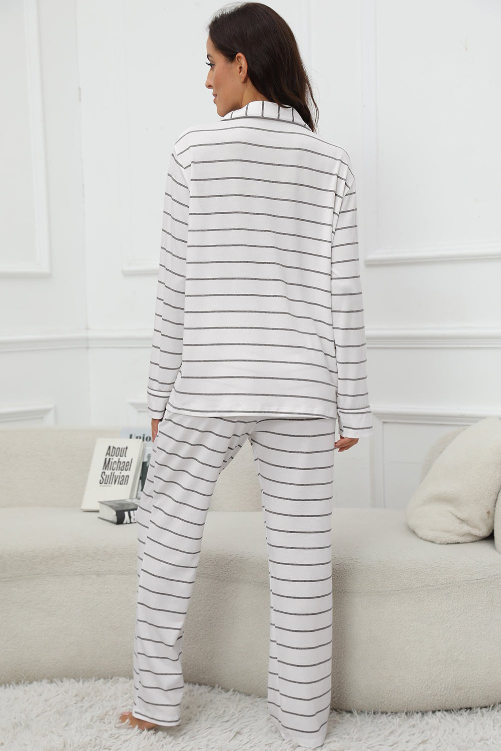 Striped V - Neck Long Sleeve Top and Pants Lounge Set - Celeste