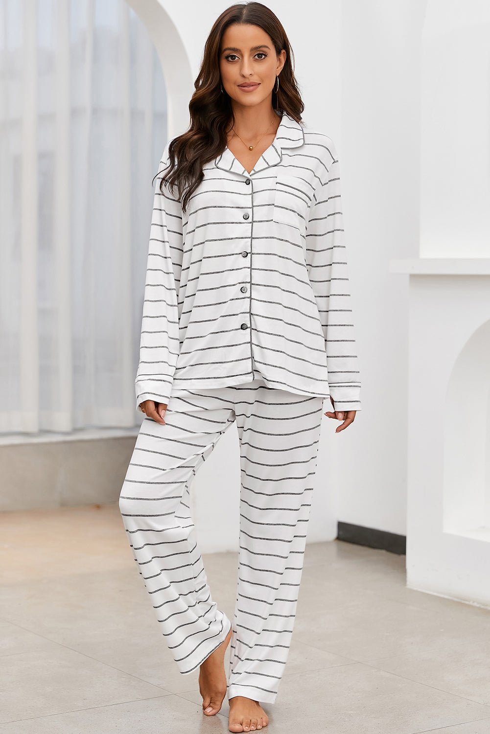 Striped V - Neck Long Sleeve Top and Pants Lounge Set - Celeste