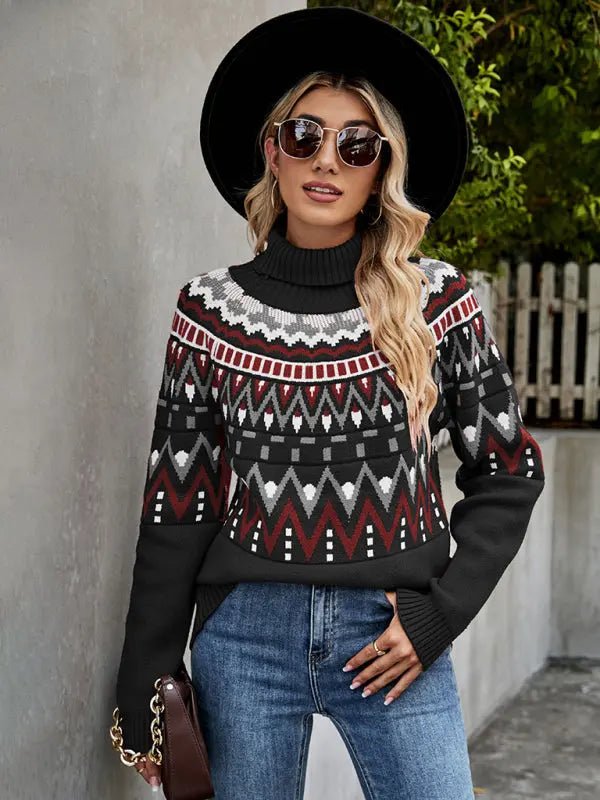 Striped Vintage Turtle-Neck Sweater - Celeste    