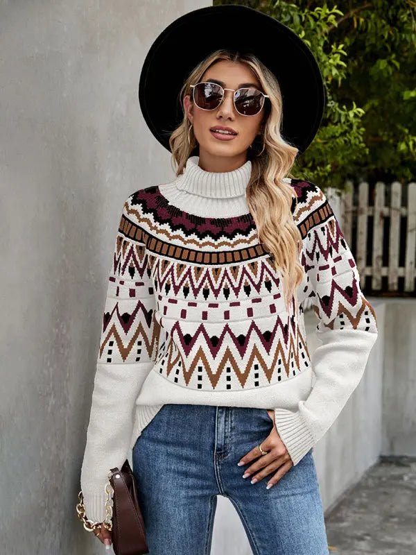 Striped Vintage Turtle-Neck Sweater - Celeste    