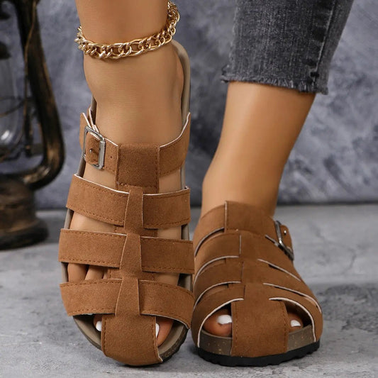 Suede Round Toe Woven Sandals - Celeste