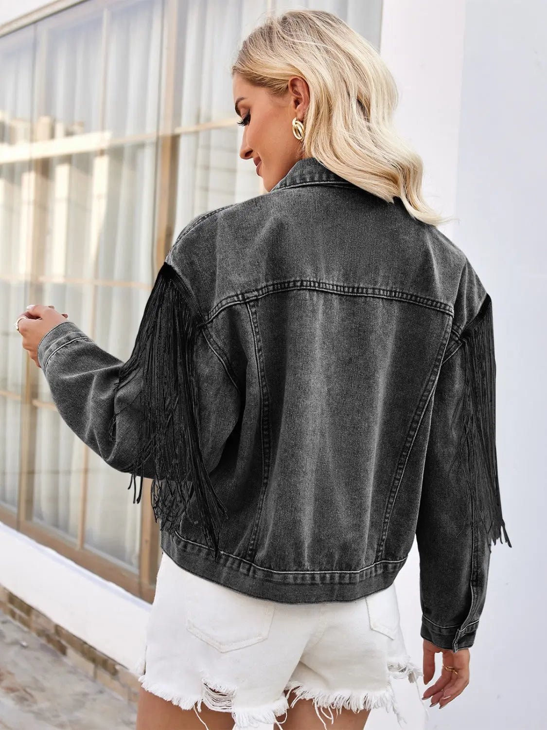 Tassel Button Up Dropped Shoulder Denim Jacket - Celeste