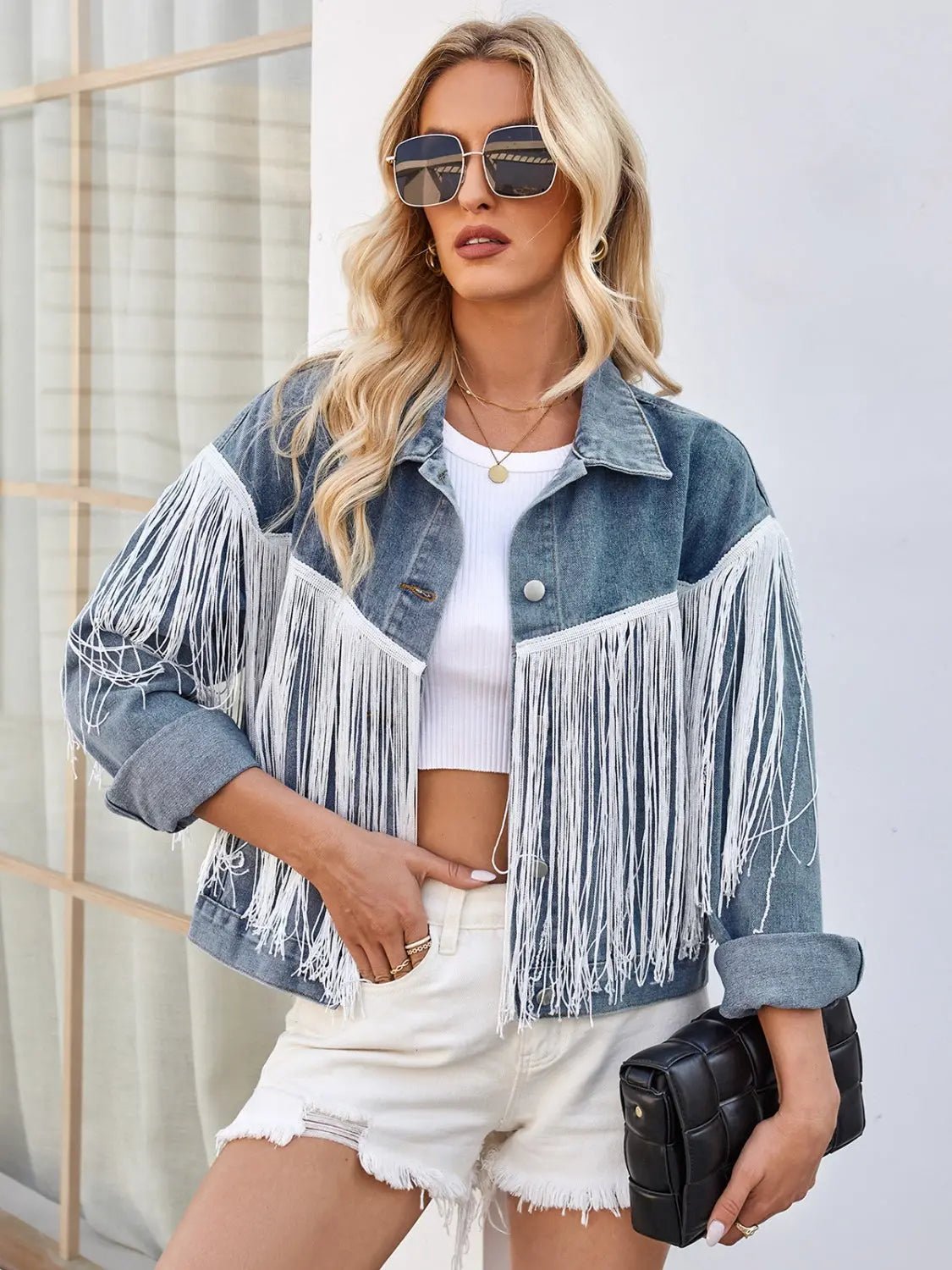 Tassel Button Up Dropped Shoulder Denim Jacket - Celeste