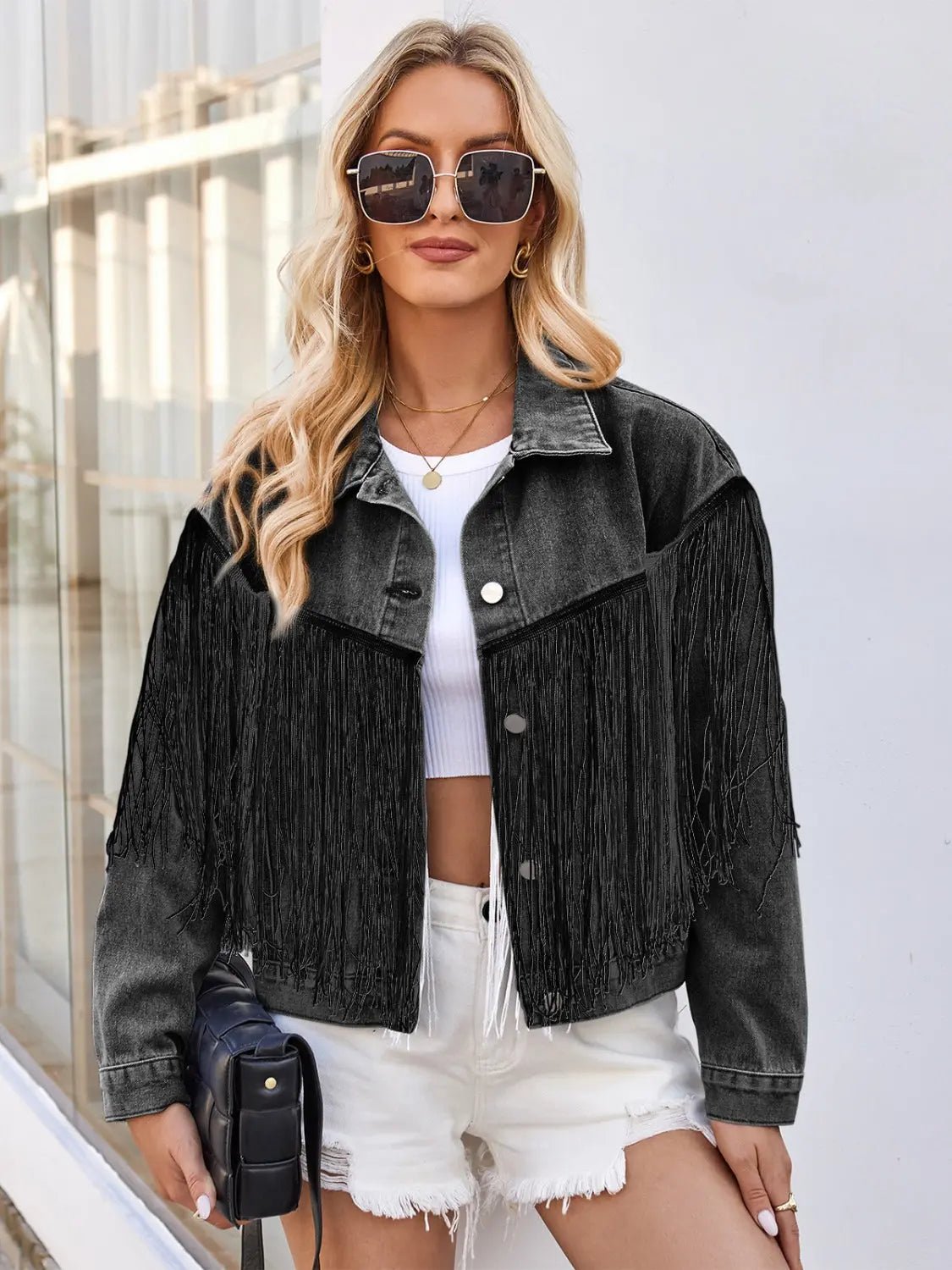 Tassel Button Up Dropped Shoulder Denim Jacket - Celeste