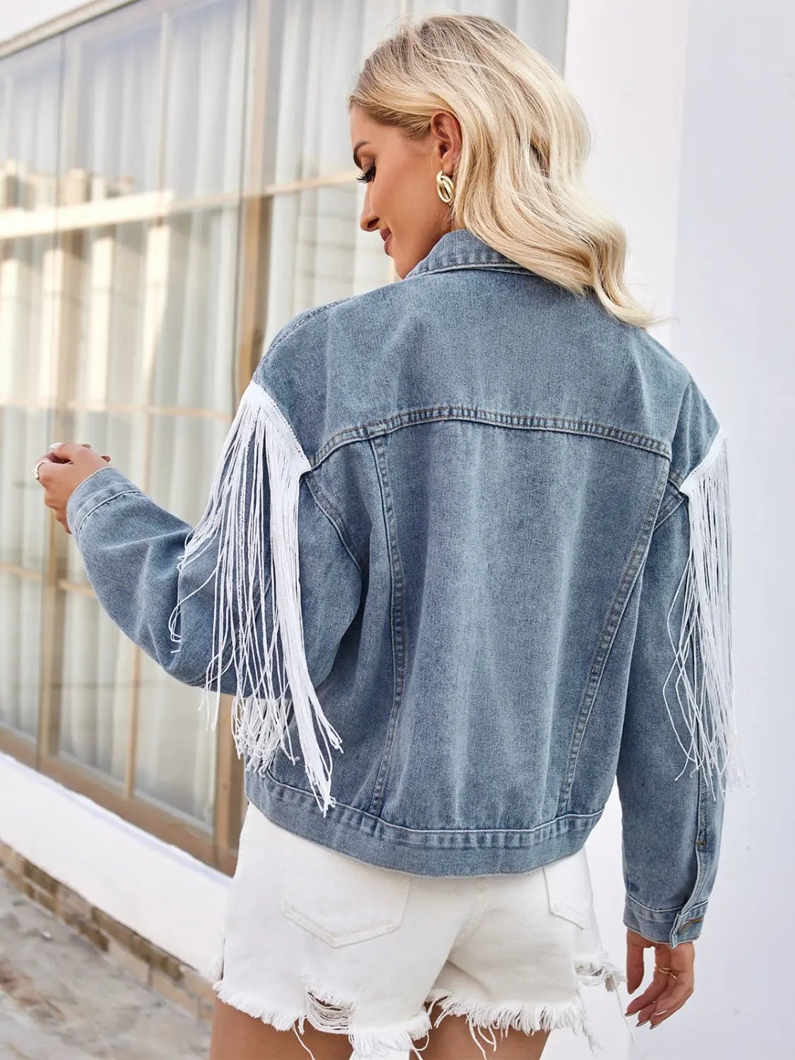 Tassel Button Up Dropped Shoulder Denim Jacket - Celeste