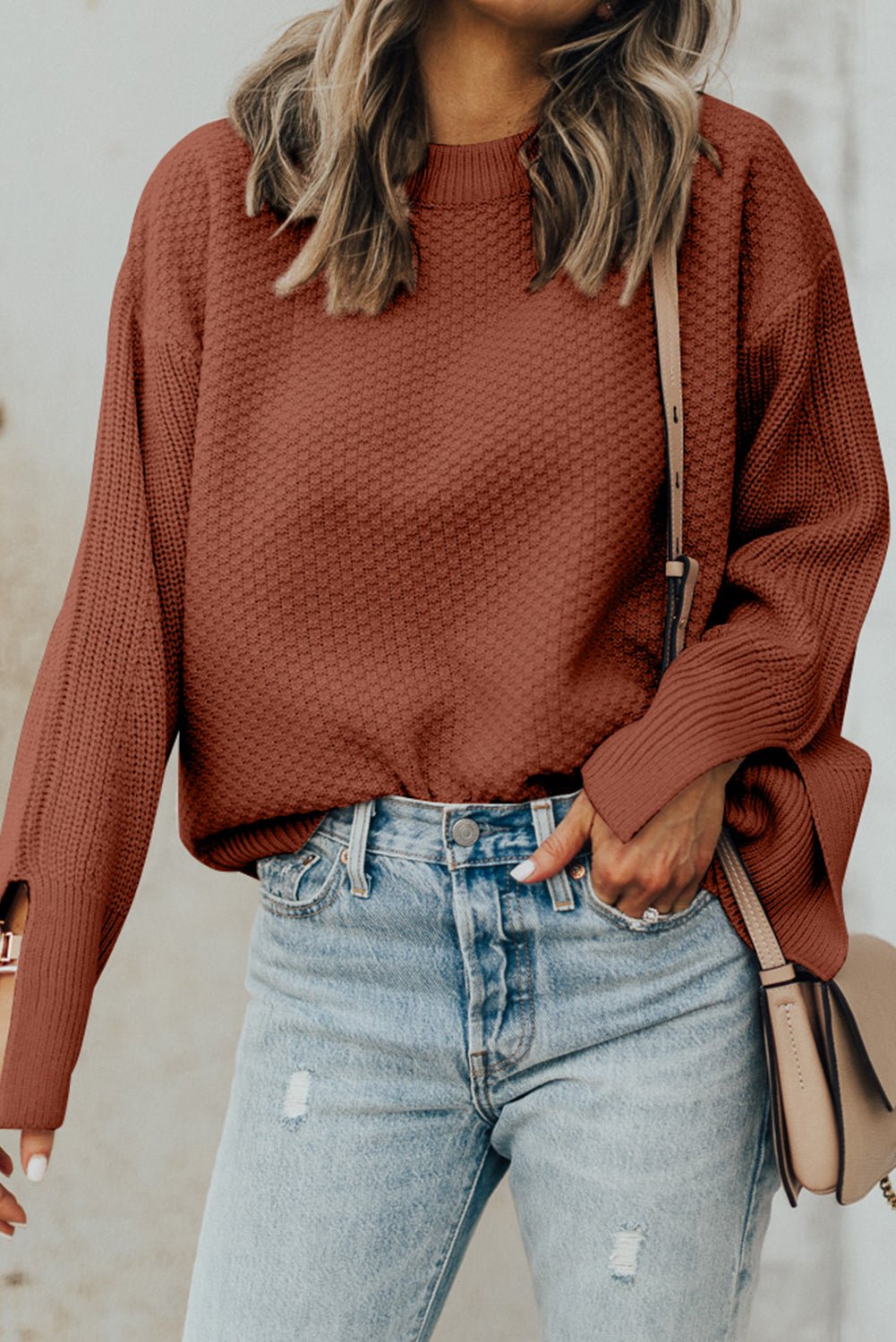 Textured Round Neck Long Sleeve Sweater - Celeste