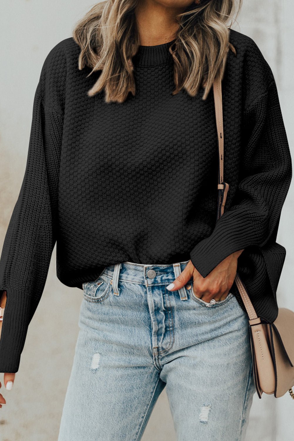 Textured Round Neck Long Sleeve Sweater - Celeste